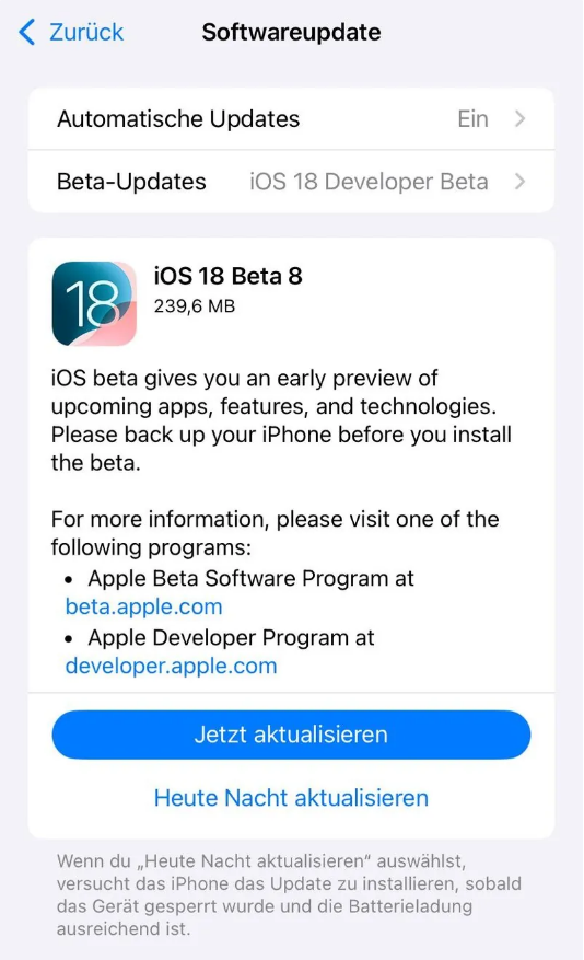 繁峙苹果手机维修分享苹果 iOS / iPadOS 18 开发者预览版 Beta 8 发布 